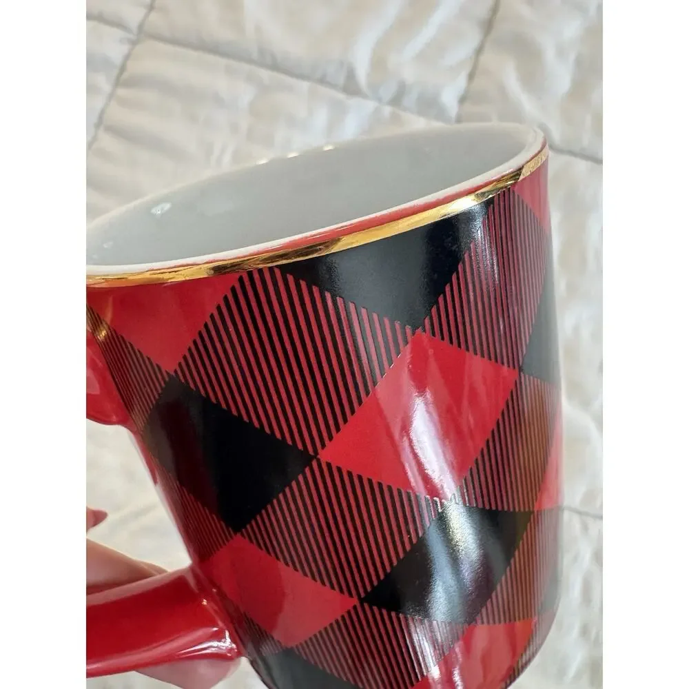 Paper Source Red Black Gold Mug Christmas Holiday Old Money Coffee Tea Plaid